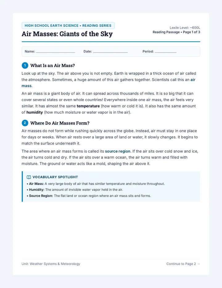 Air Masses Reading Packet