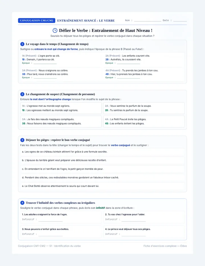 Identification du Verbe Fiche d Exercices Eleve