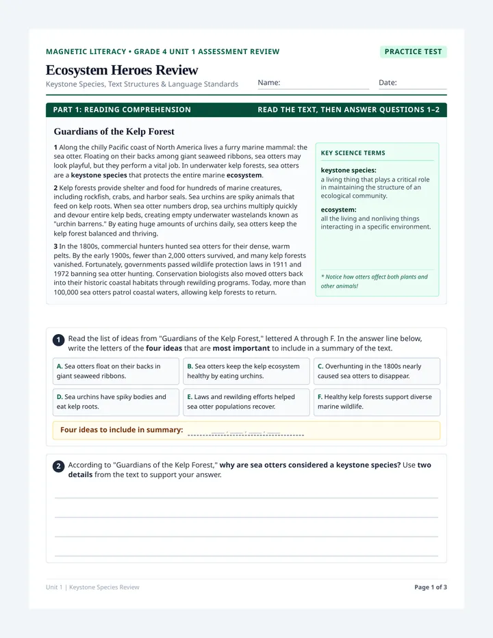 Ecosystem Heroes Review Worksheet