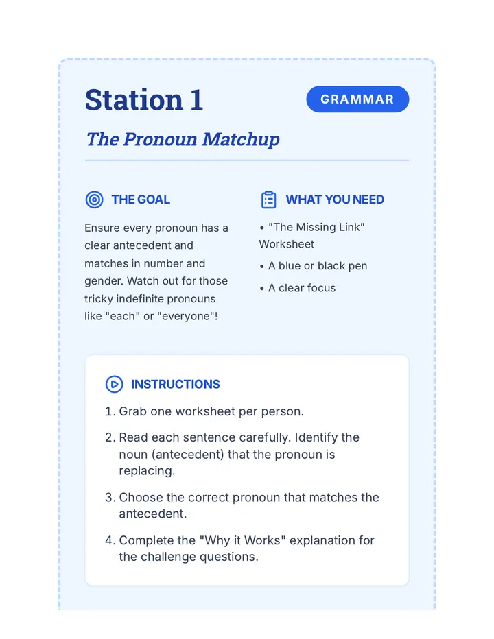 Pronoun Matchup Task Card