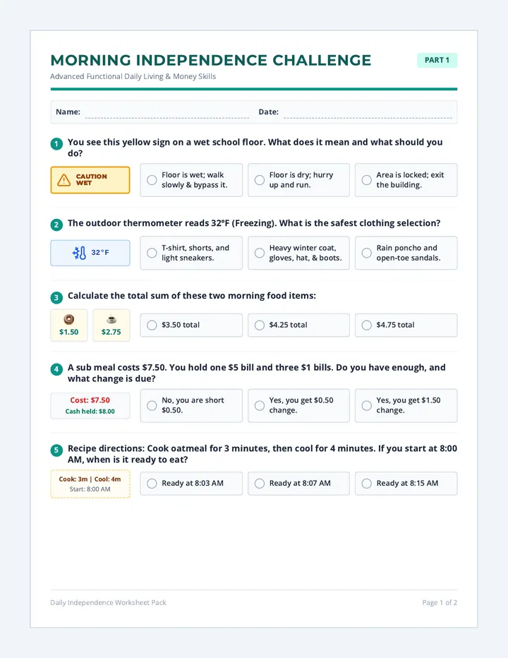 Daily Independence Morning Work Worksheet Pack