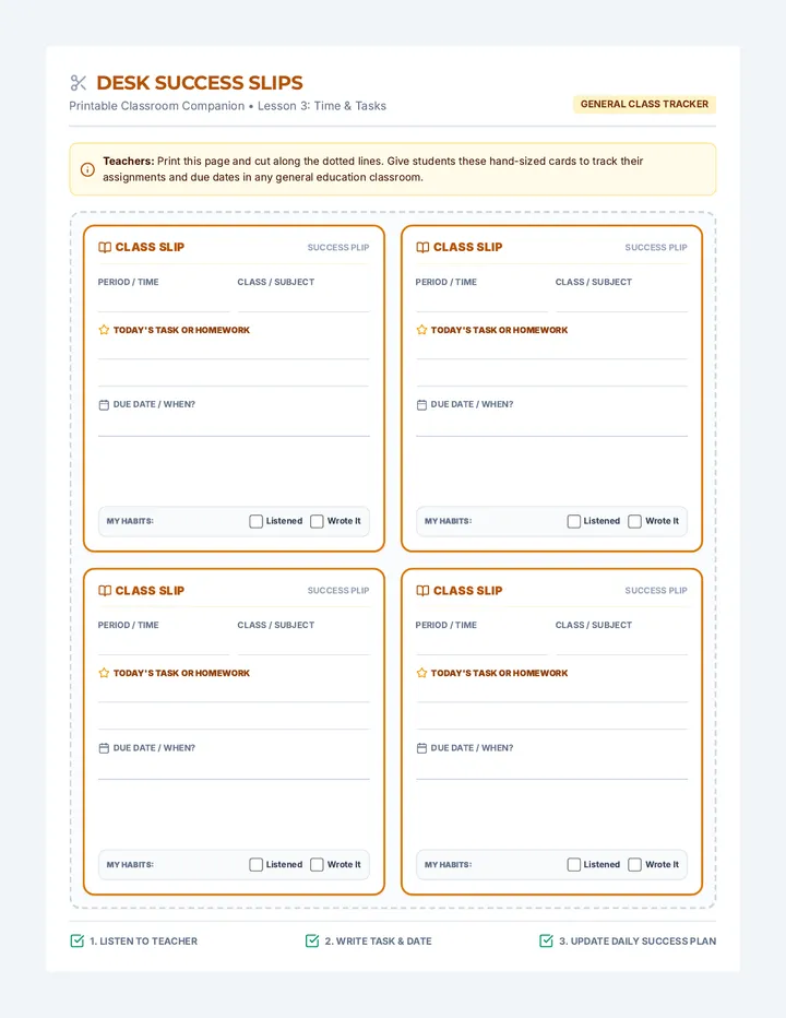 Desk Success Slips Worksheet