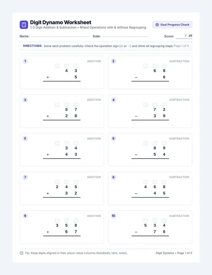 Digit Dynamo Worksheet