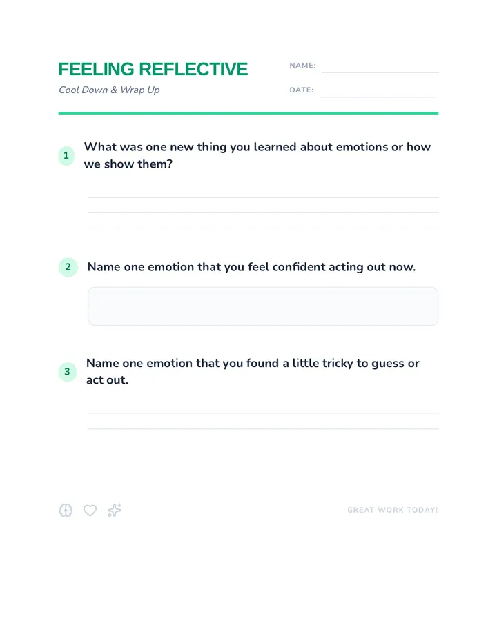 Feeling Reflective Cool Down Worksheet