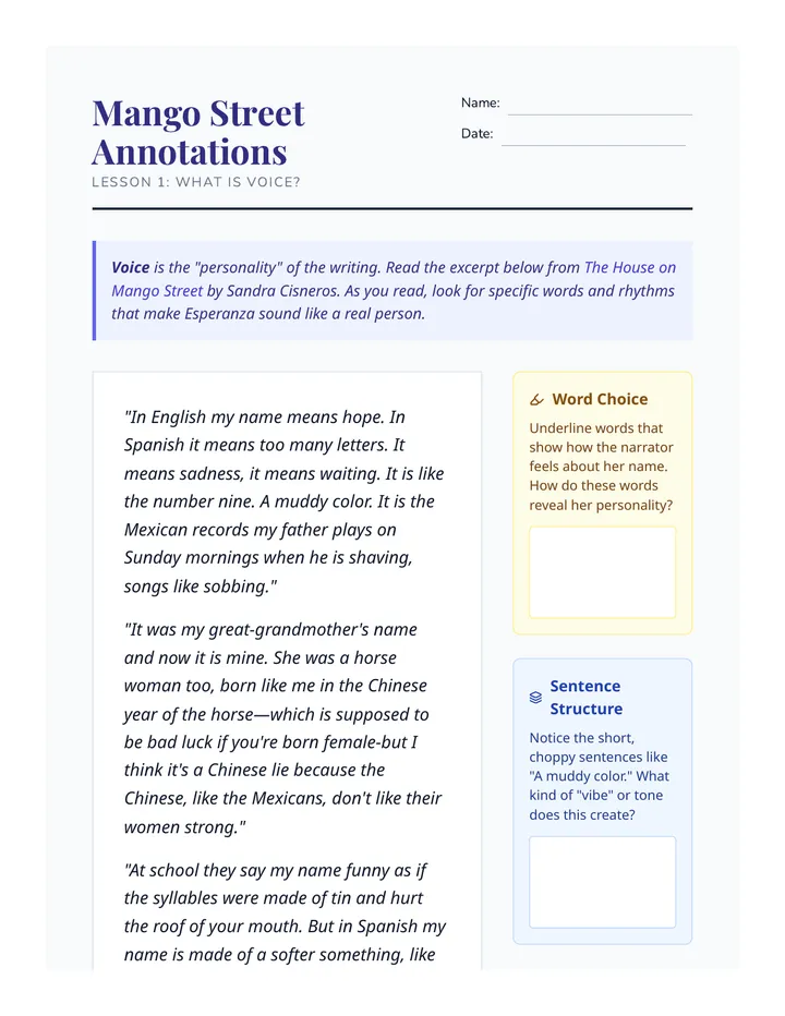 Mango Street Annotations Worksheet