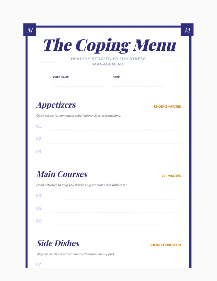 Coping Menus Worksheet