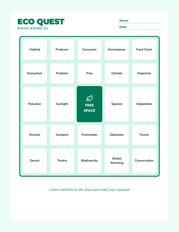 Eco Quest Bingo Boards