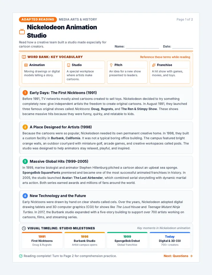 Nicktoon History Reading Worksheet