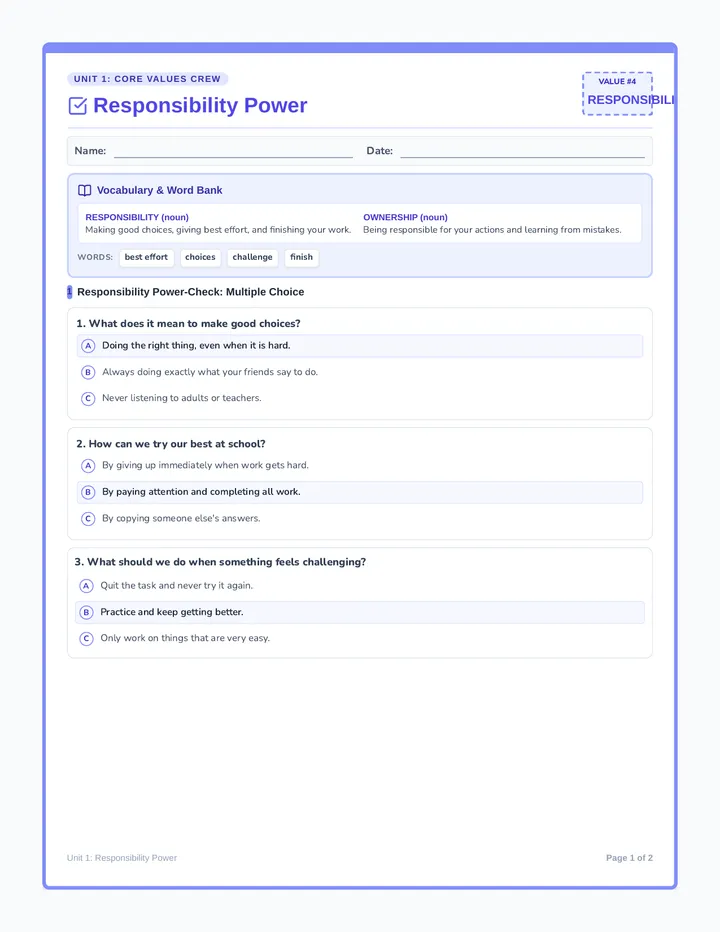 Responsibility Power Worksheet