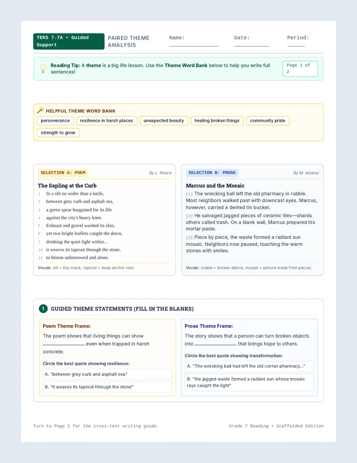 Crossroads Theme Scaffolded Worksheet