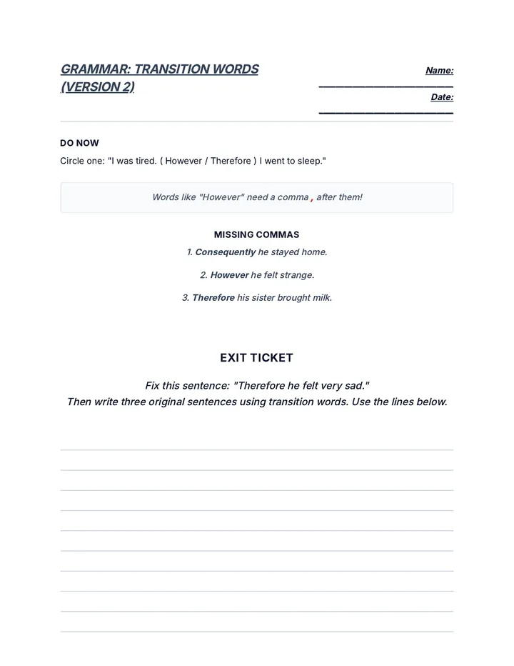 Transitional Commas Worksheet Version 2