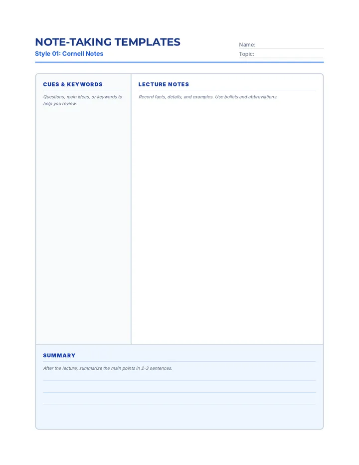 Note-Taking Templates Worksheet