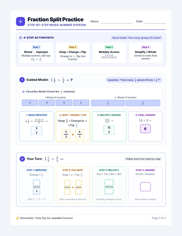 Fraction Split Practice Worksheet