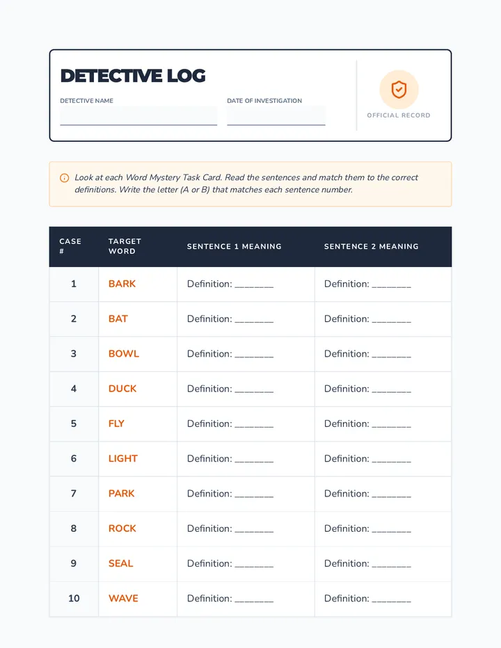 Detective Log Worksheet