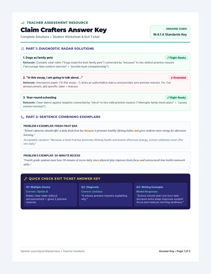 Claim Crafters Answer Key