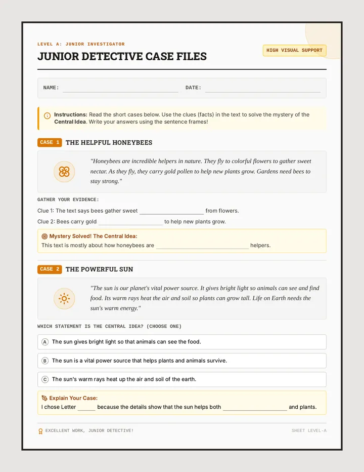 Idea Detectives Level A Worksheet