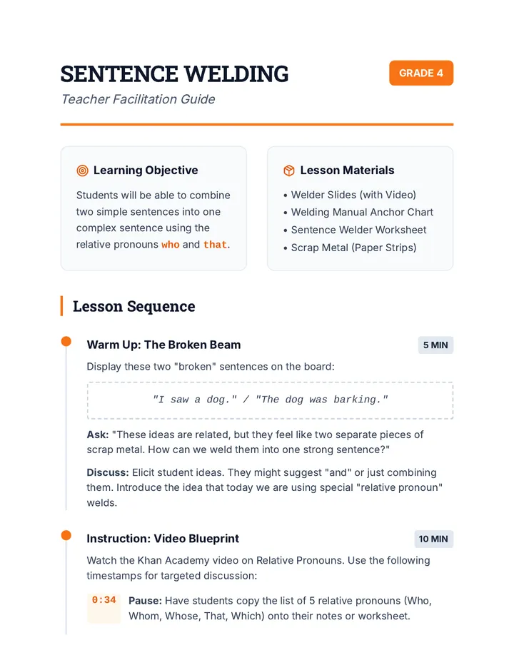 Sentence Welding Teacher Guide