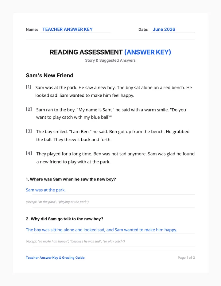 Sam New Friend Answer Key