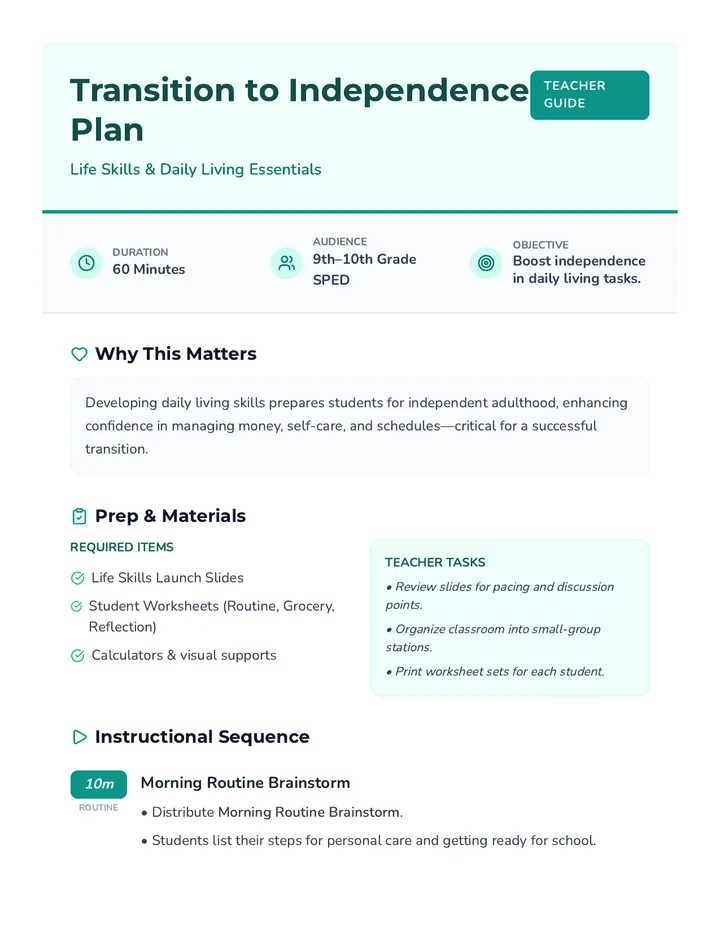 Independence Lesson Plan