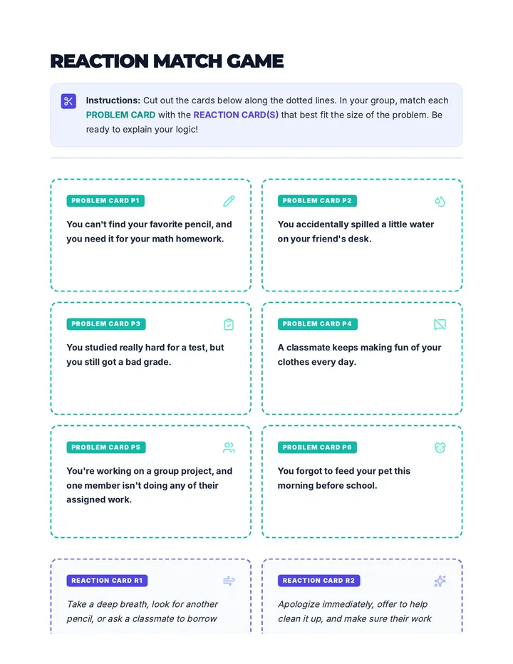 Reaction Match Game Cards