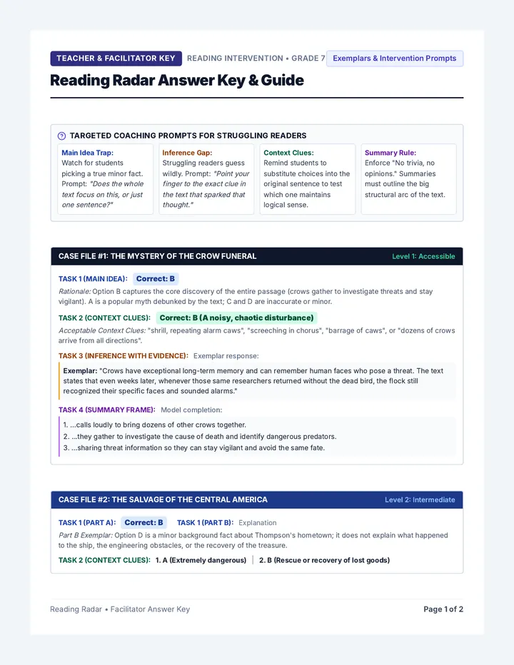 Reading Radar Answer Key