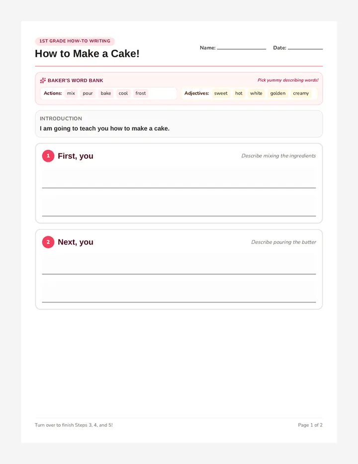 Cake Story Worksheet