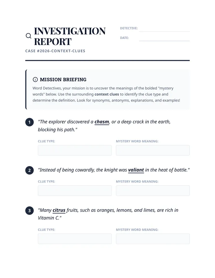 Word Detective Investigation Worksheet