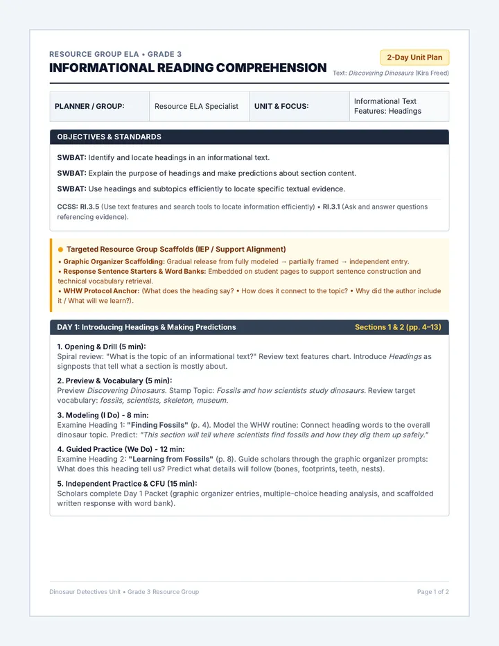 Dinosaur Headings Lesson Plan