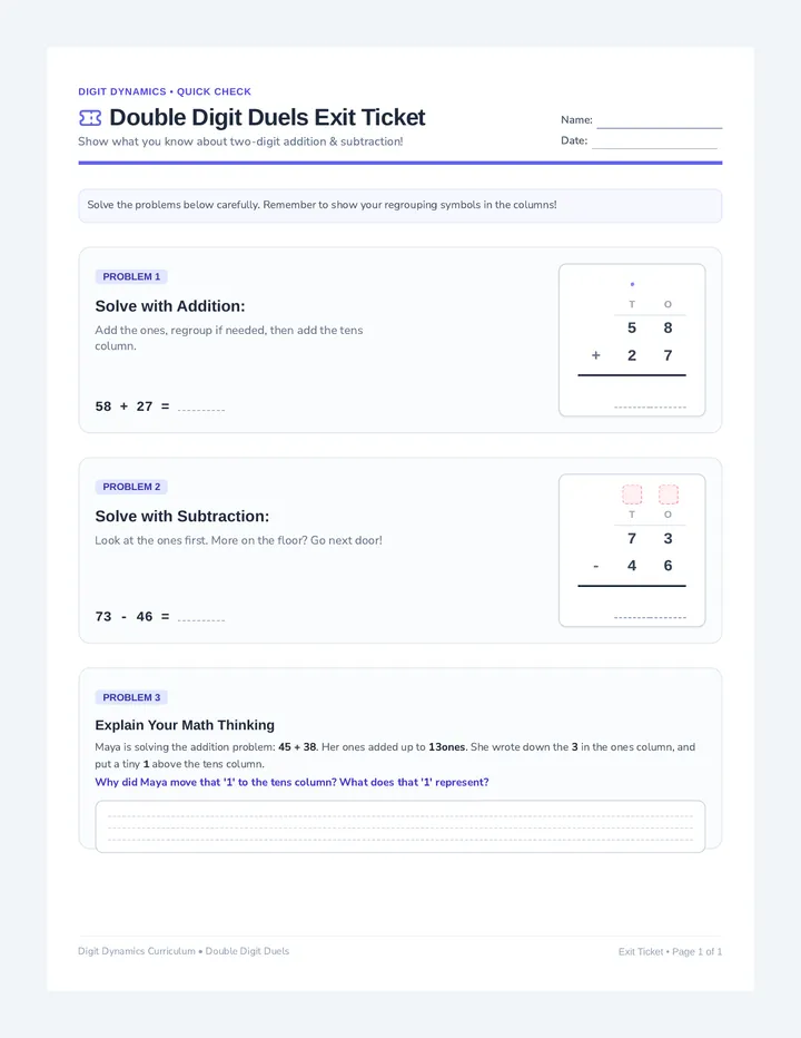 Double Digit Duels Exit Ticket