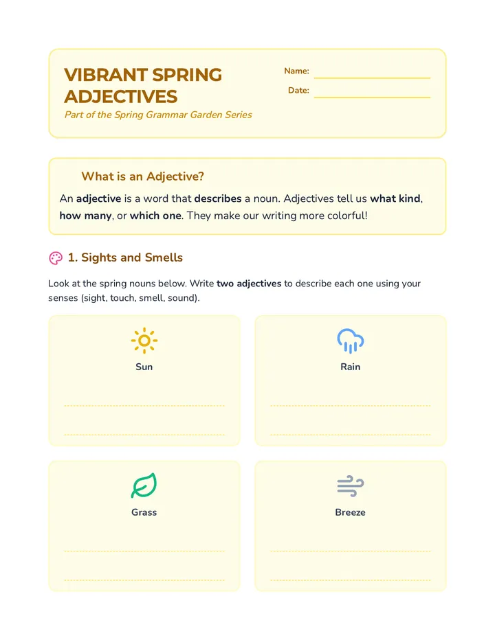 Vibrant Spring Adjectives Worksheet