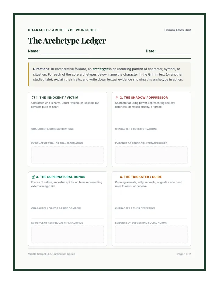 Grimm Archetype Worksheets