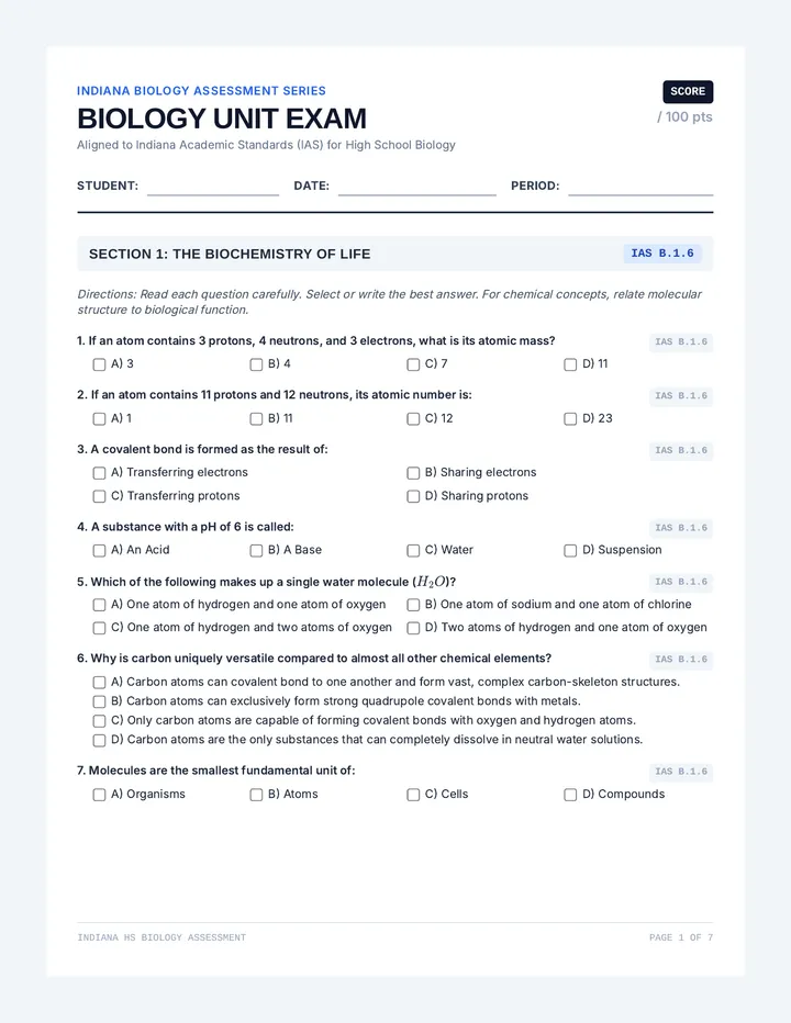 Biology Standards Unit Exam