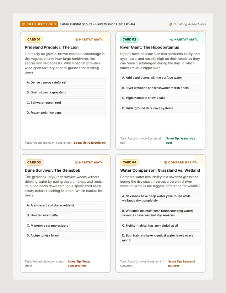 Safari Habitat Task Cards