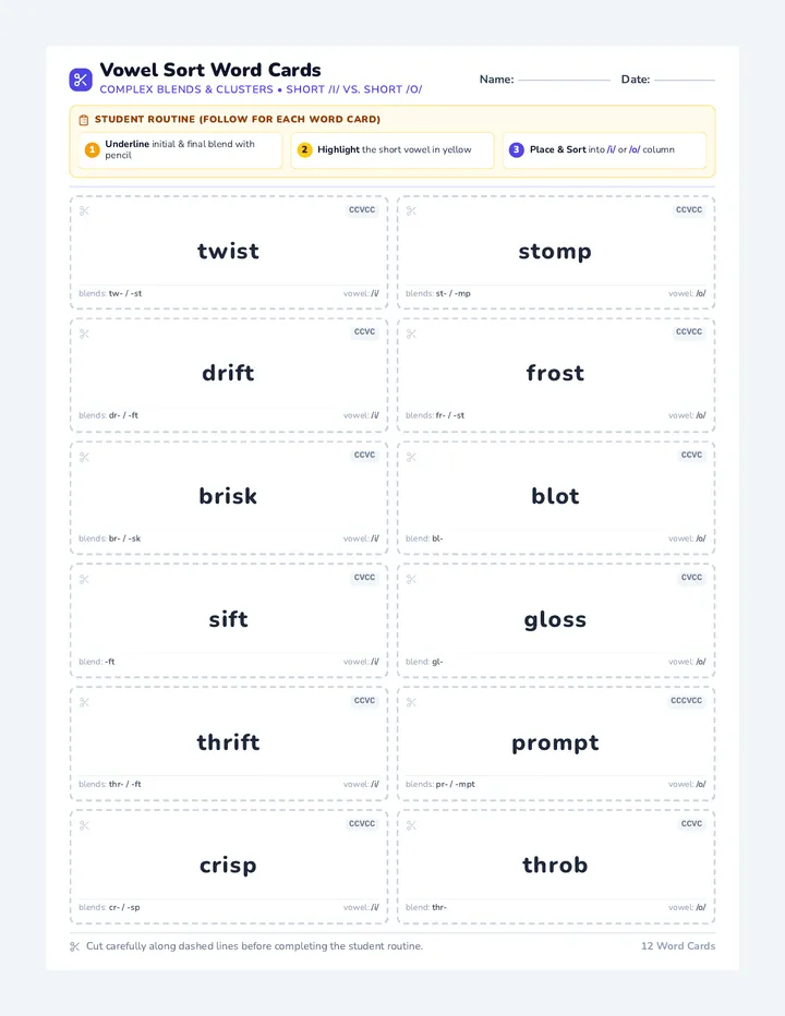 Vowel Sort Word Cards