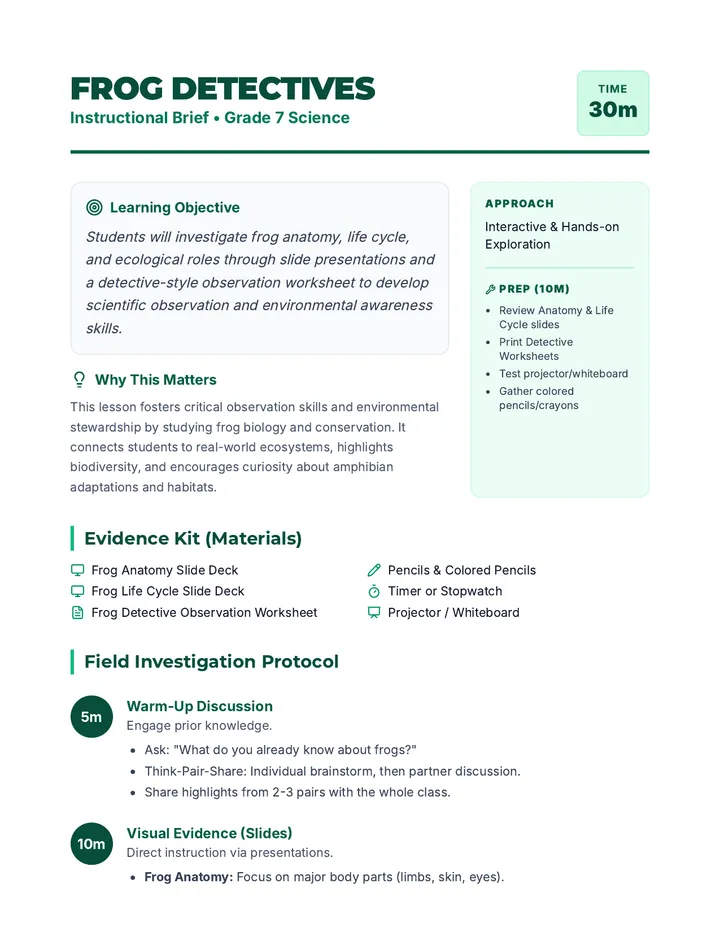 Frog Detectives Lesson Plan Brief