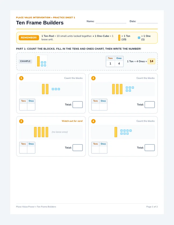 Ten Frame Builders Worksheet