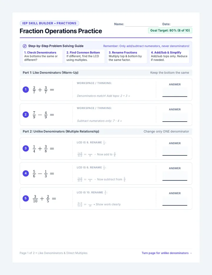 Fraction Operations Practice Worksheet