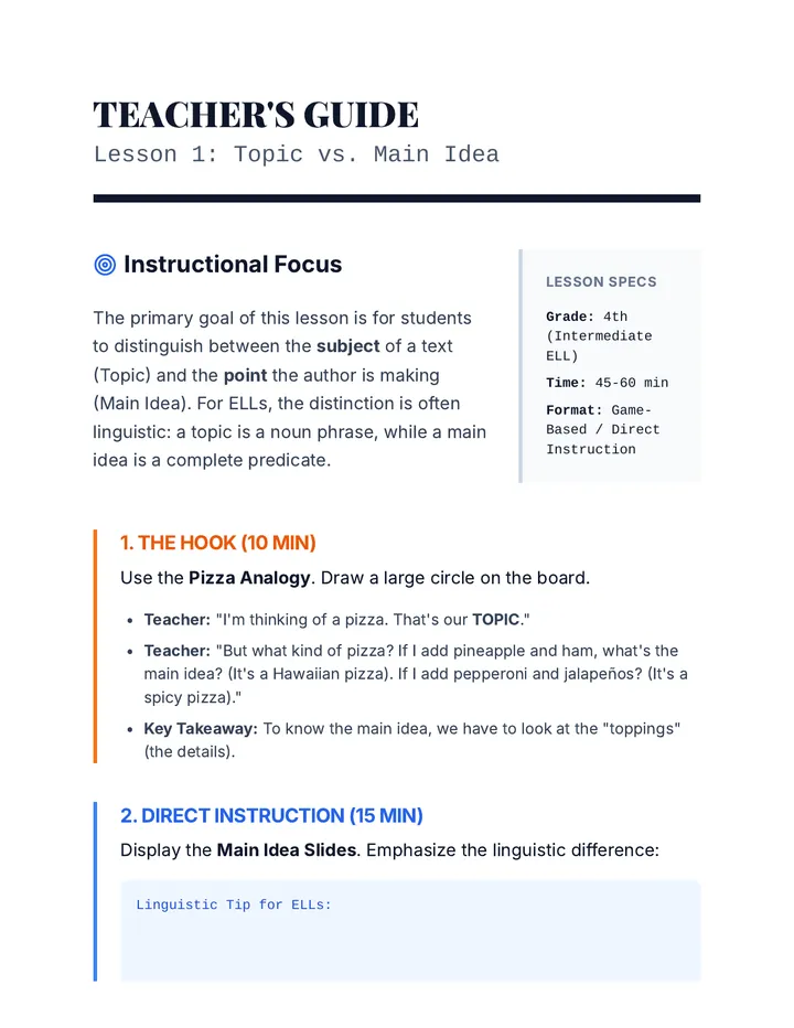 Main Idea Teacher Guide