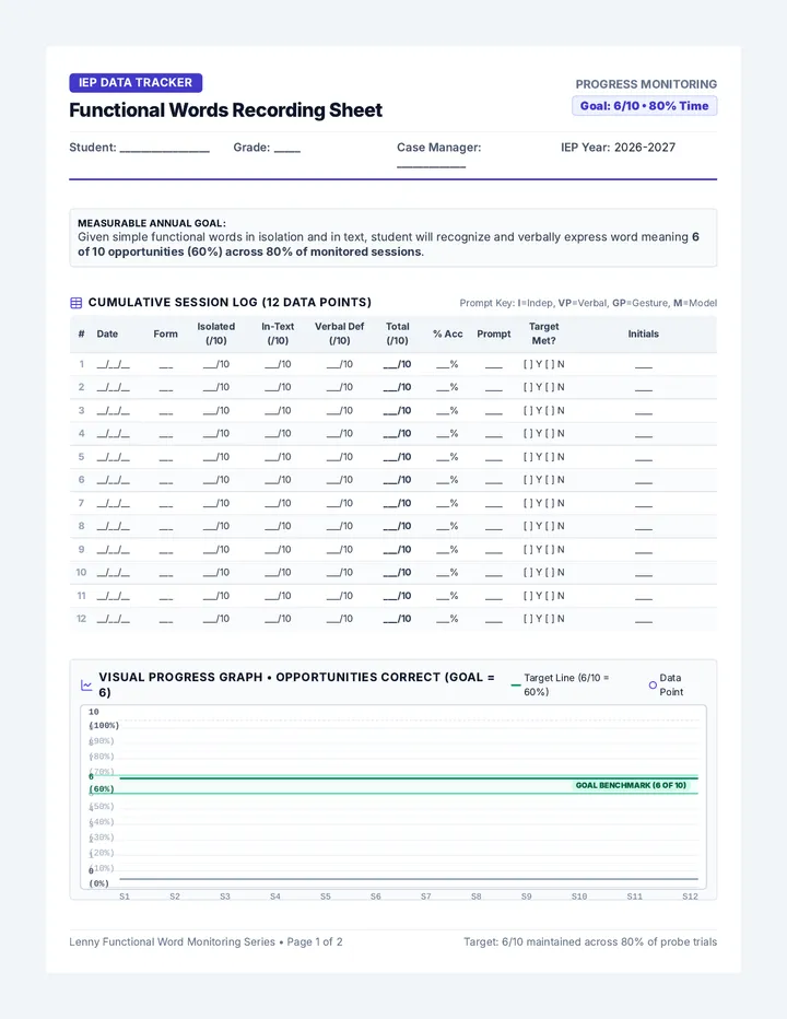 Functional Words Recording Sheet