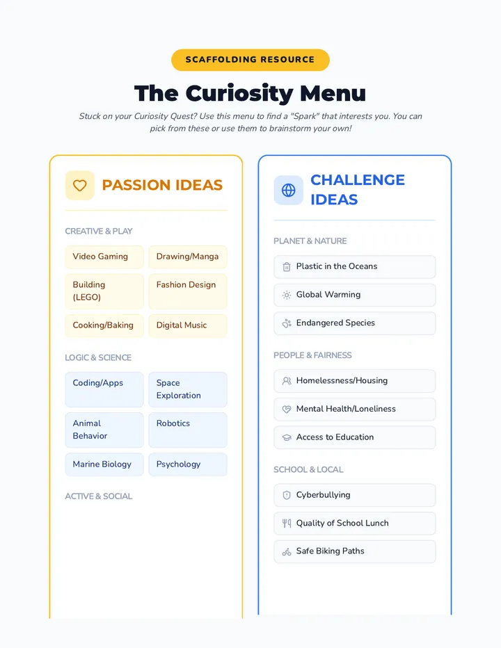 Curiosity Menu Reference Sheet