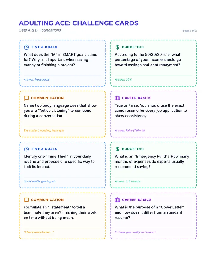 Adulting Ace Challenge Cards