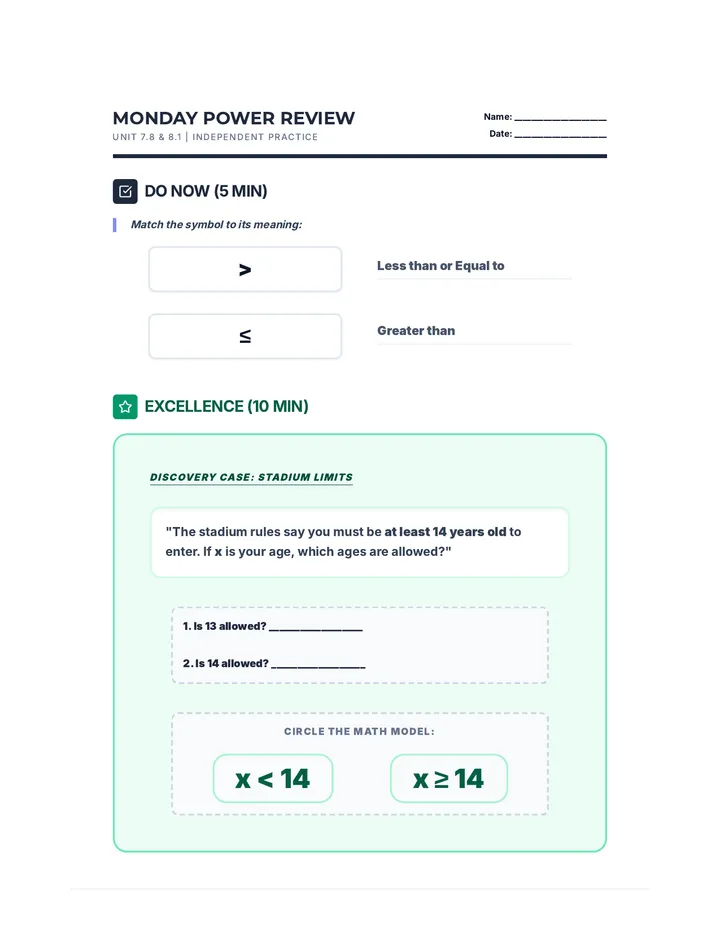 Monday Algebra Power Review Worksheet