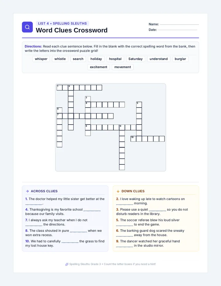 Word Clues Crossword Worksheet
