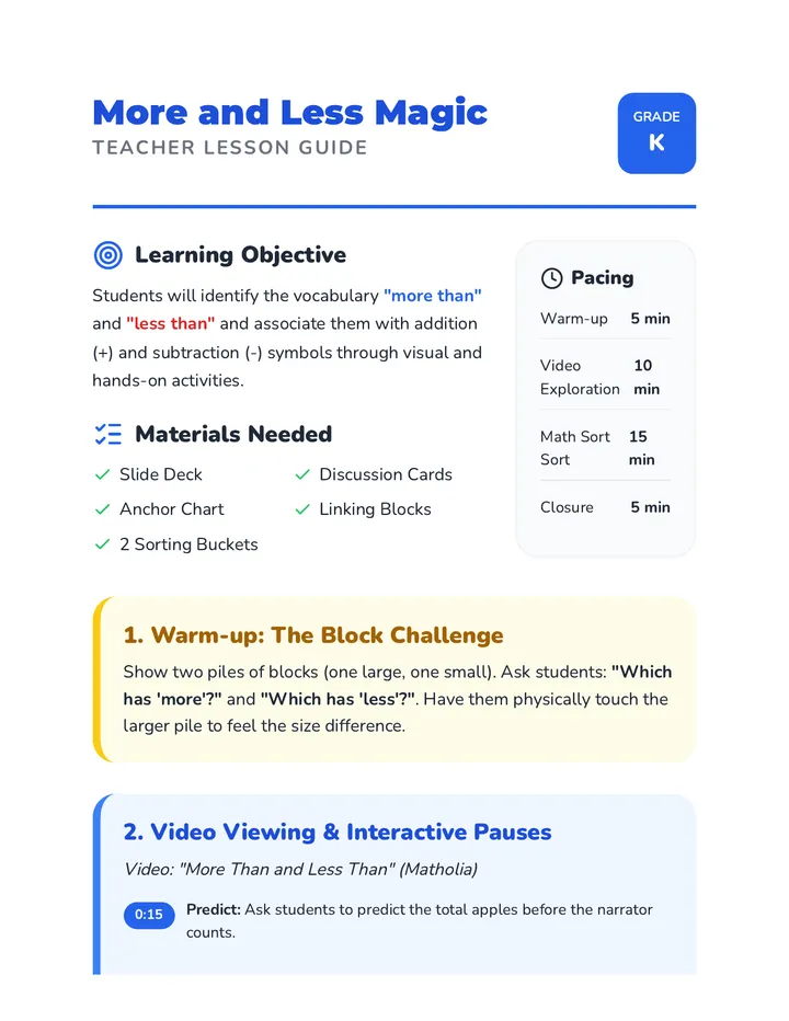More and Less Teacher Guide