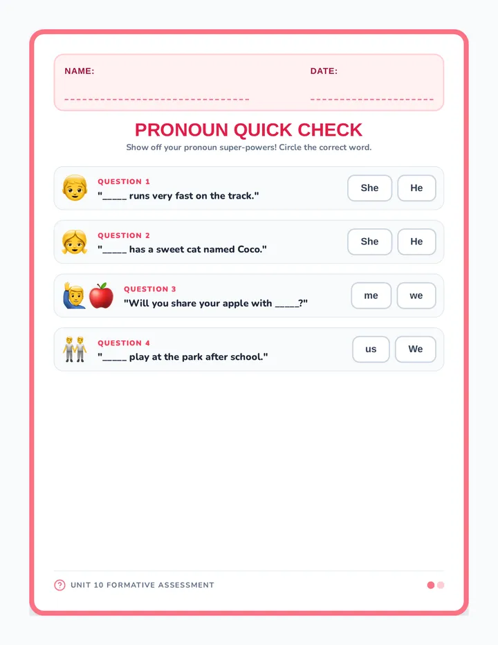 Pronoun Pals Quick Quiz