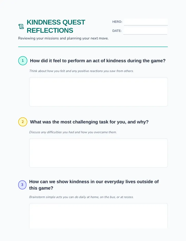 Kindness Quest Reflections Worksheet