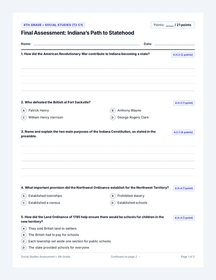 Indiana Statehood Spanish Test