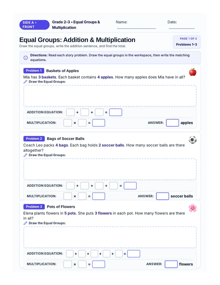 Equal Groups Math Worksheet