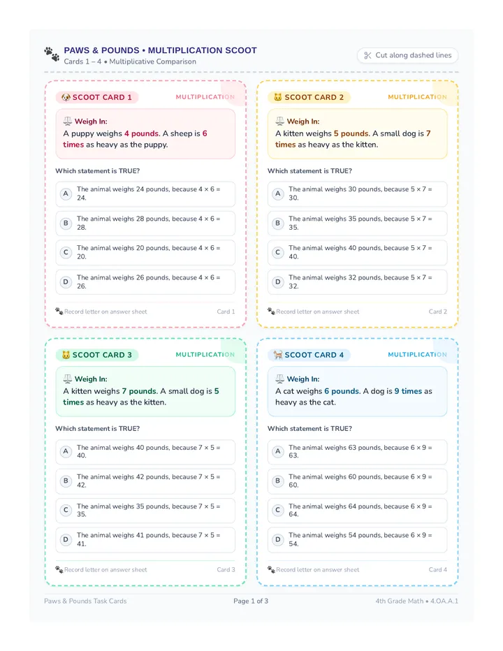 Animal Scoot Task Cards