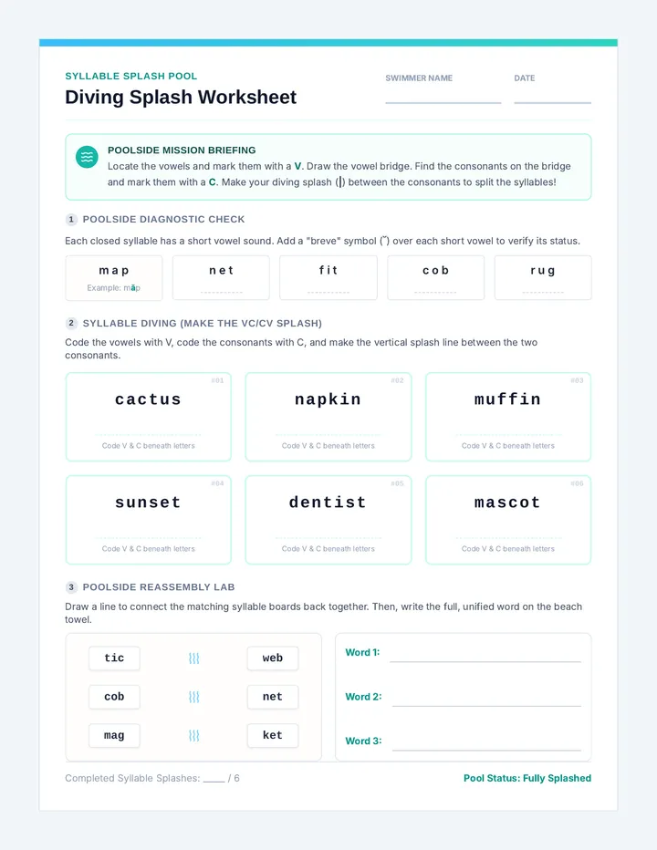 Diving Splash Worksheet